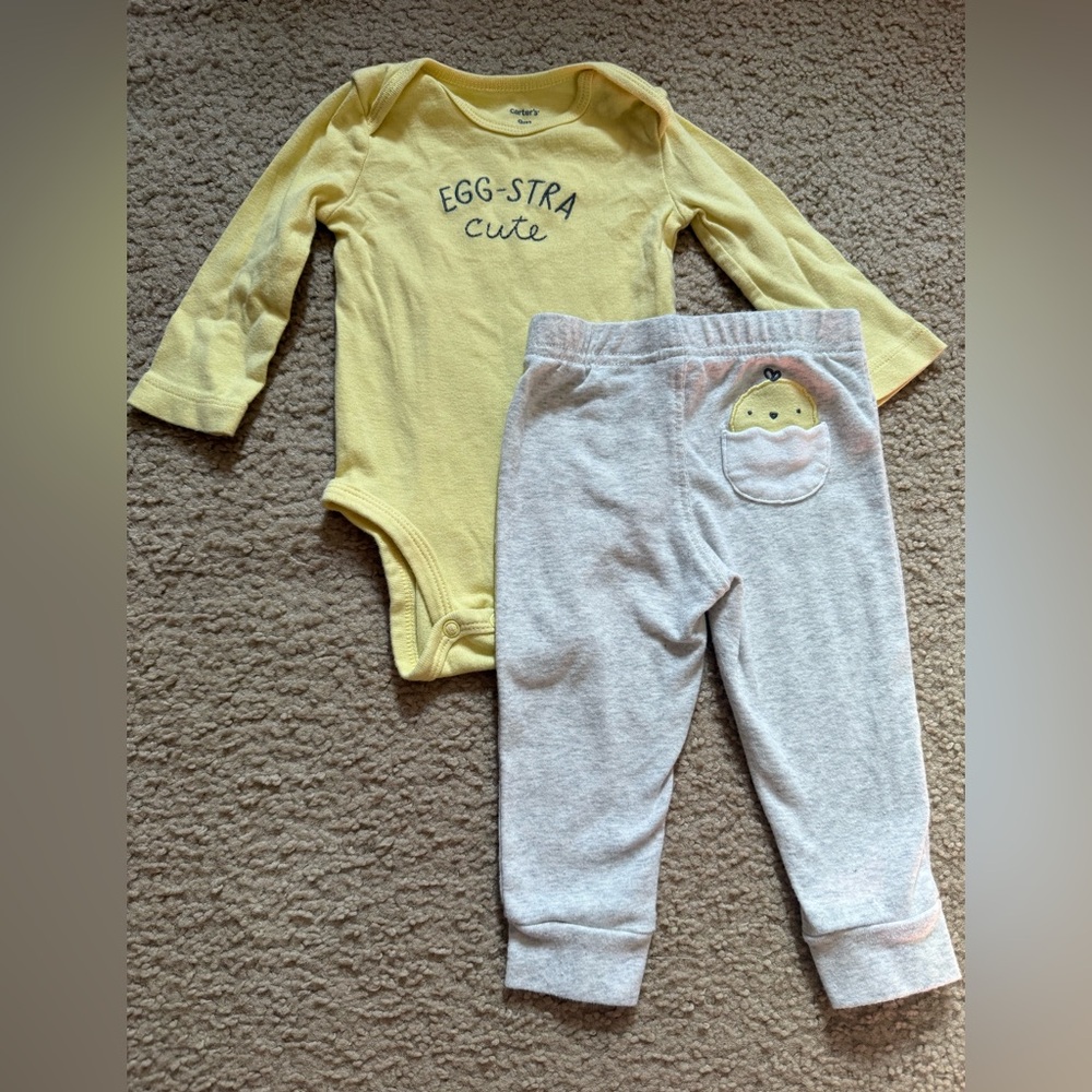 Egg-stra Cute Yellow Onesie and Gray Pants Set